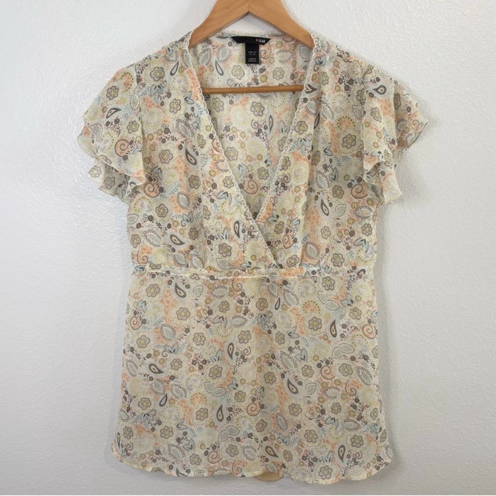 Vintage Y2K Sheer Floral Babydoll Top Dainty Lace, Flutter Sleeve H&M 14